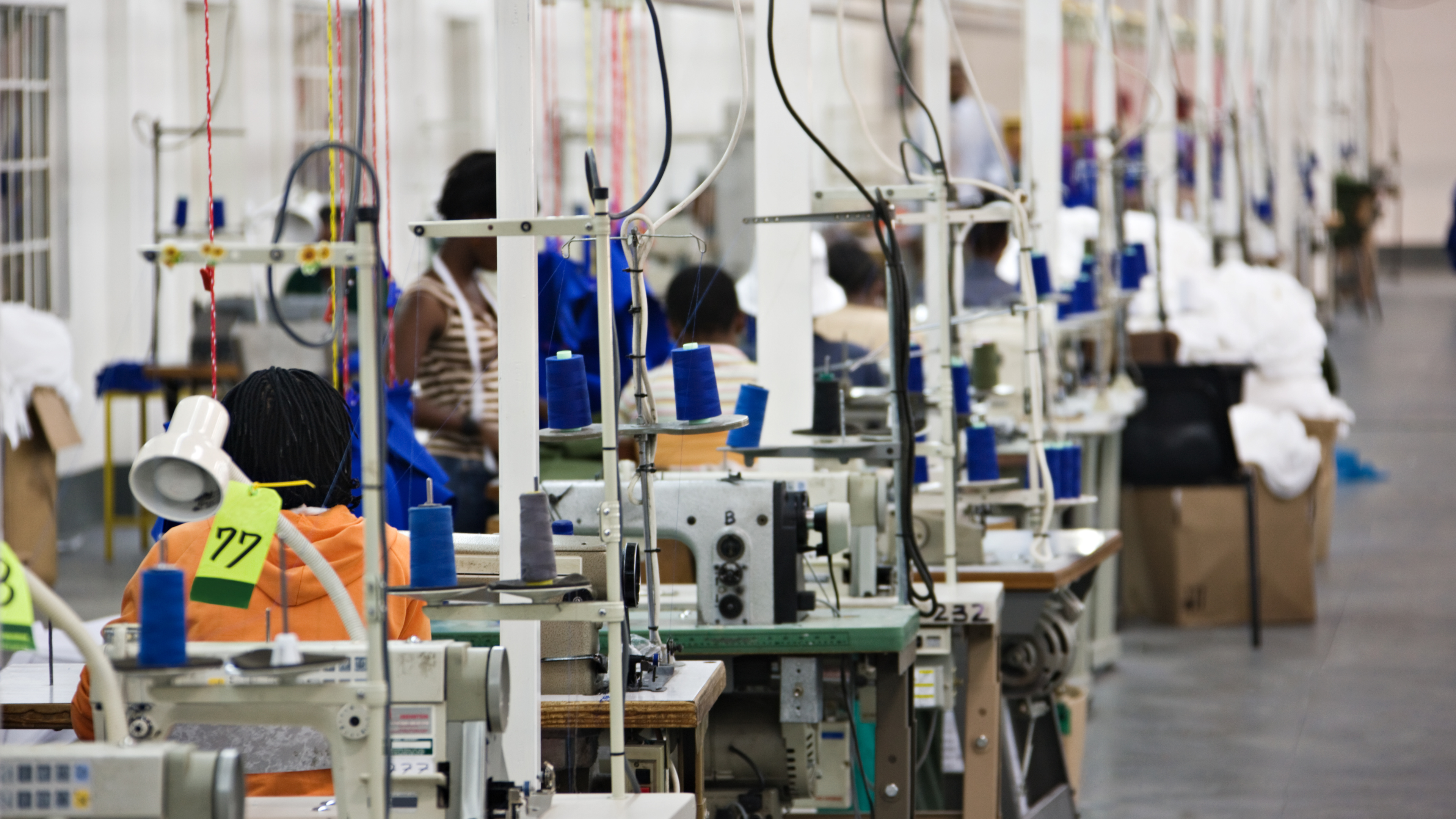 A long row of workers is seated at industrial sewing machines in a brightly lit factory, with bright blue thread spools visible at each station.